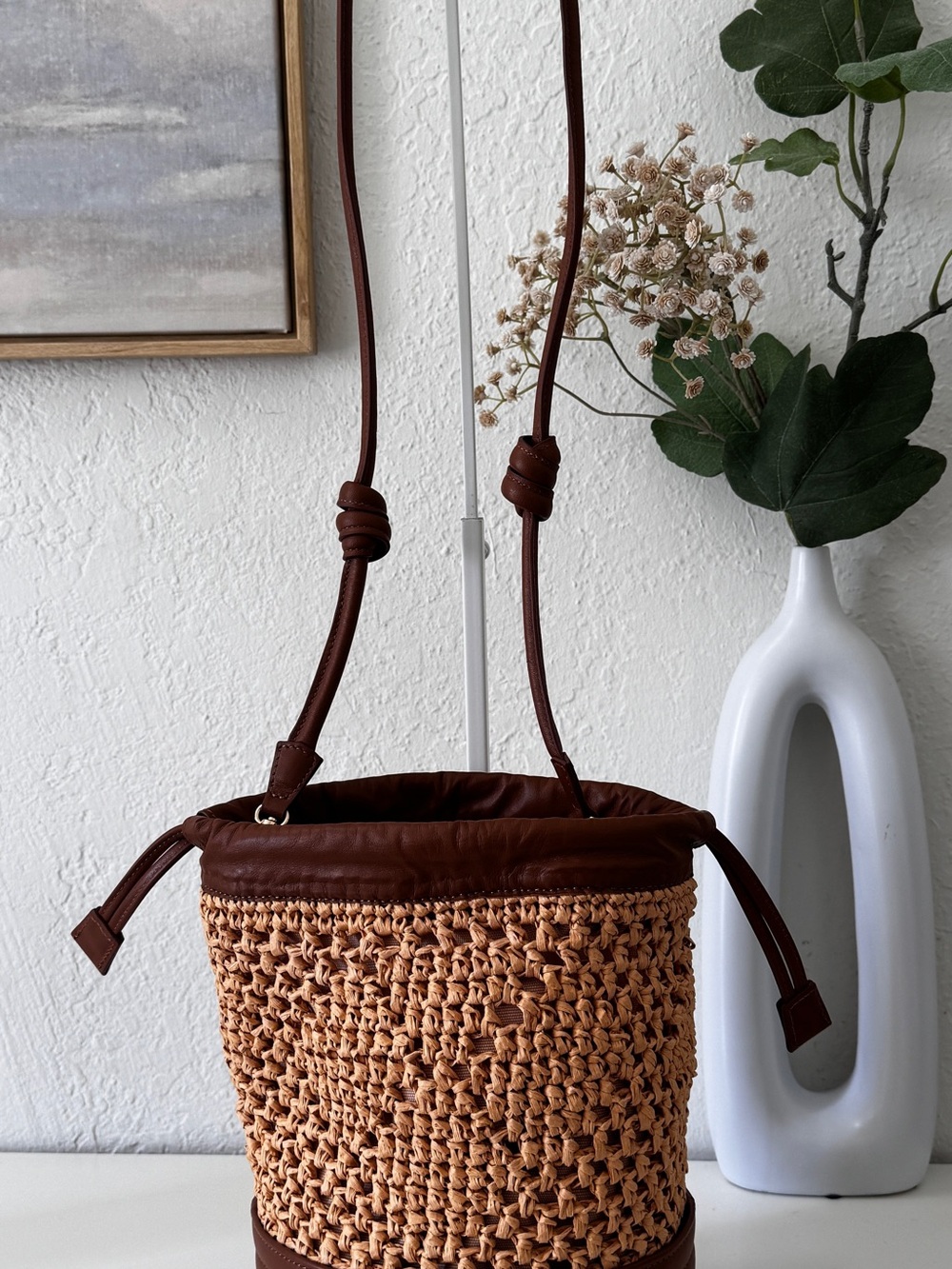 Woven Bucket Crossbody Bag in Brown